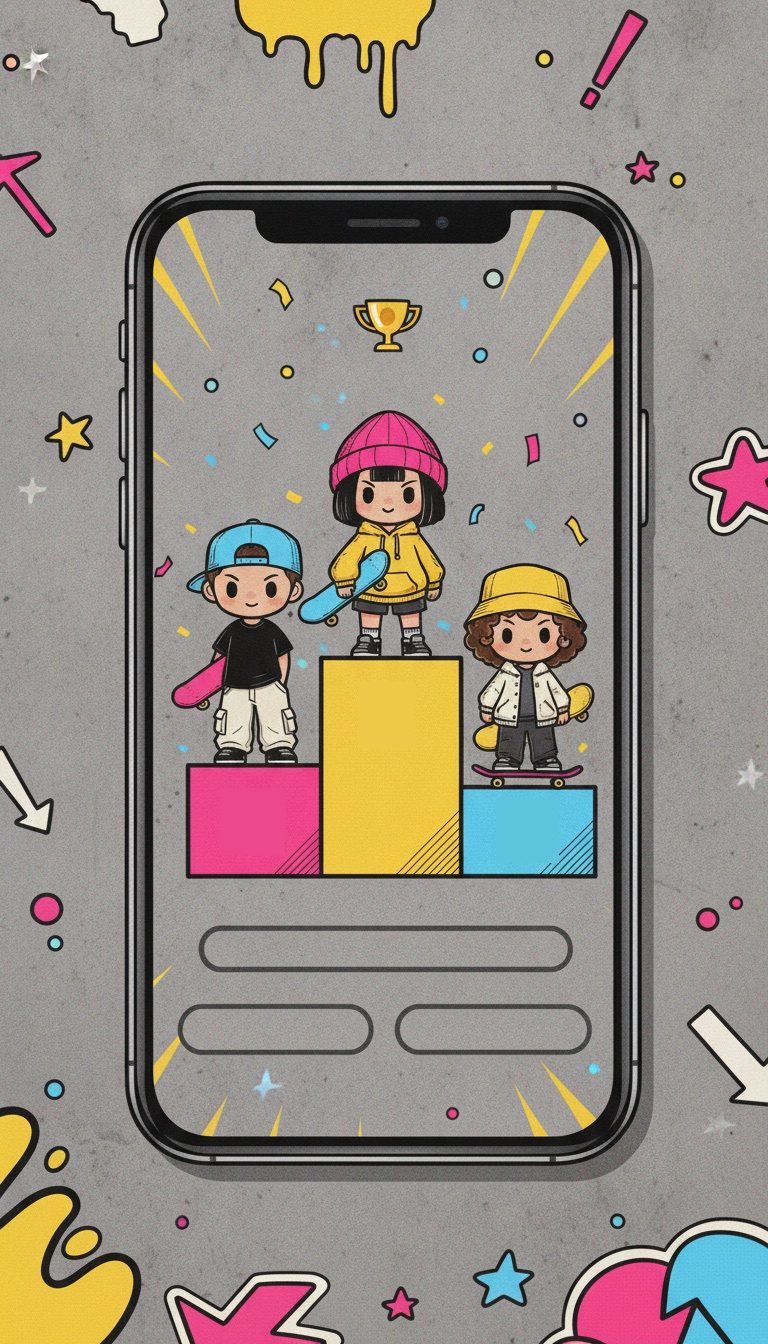 배틀 결과 화면: 노란 1위 단상 위의 볼트, 핑크 2위 단상의 리오, 하늘색 3위 단상의 모스와 컨페티, 트로피